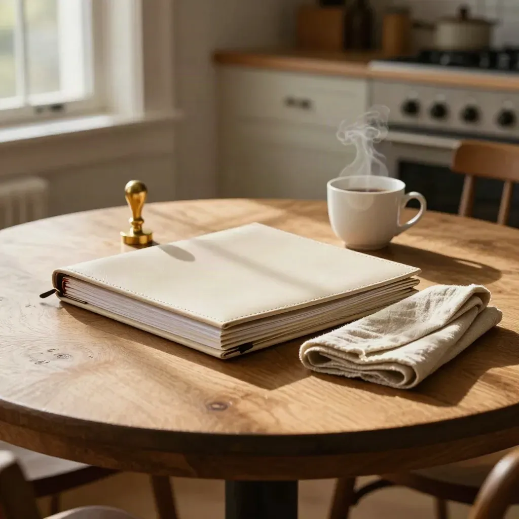 Warm legal founder bundle on an oak table with coffee, linen, and brass morning light.