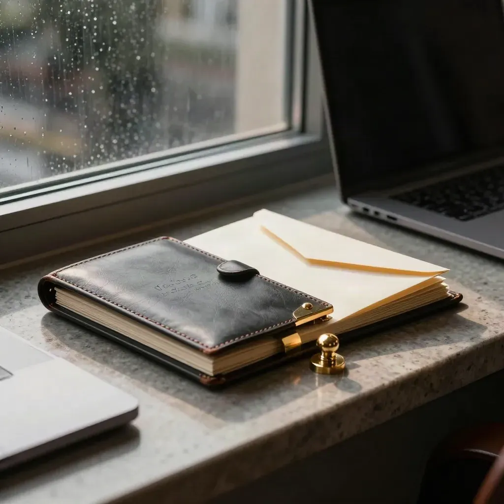 Legal portfolio, clause pages, envelope and gold seal on a rain-lit office credenza.