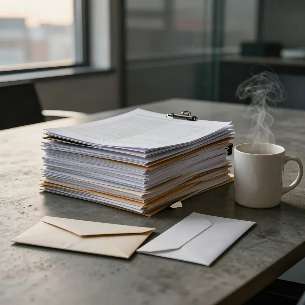 Dispute file, steam mug and courier envelope on a concrete conference table before dawn.