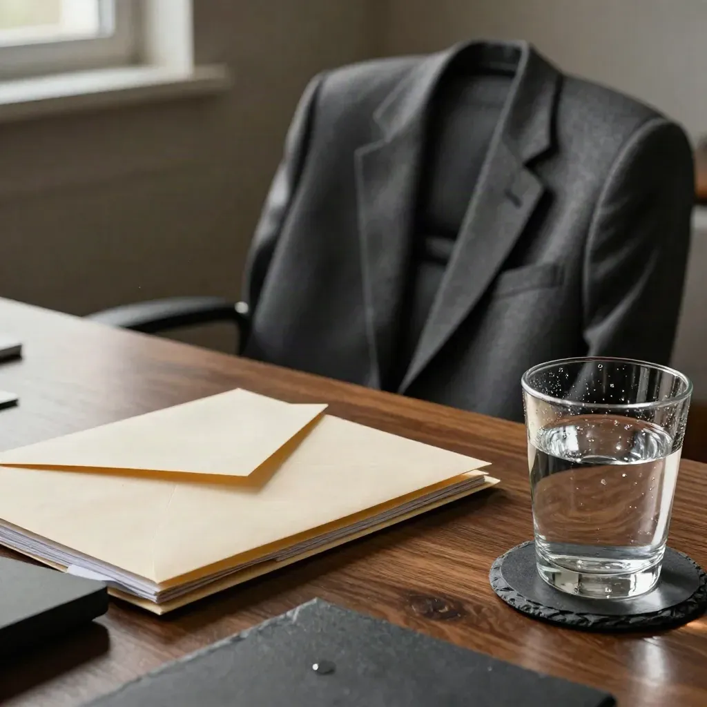Close macro of an empty hiring desk with folder, sealed envelope, blazer and water glass.