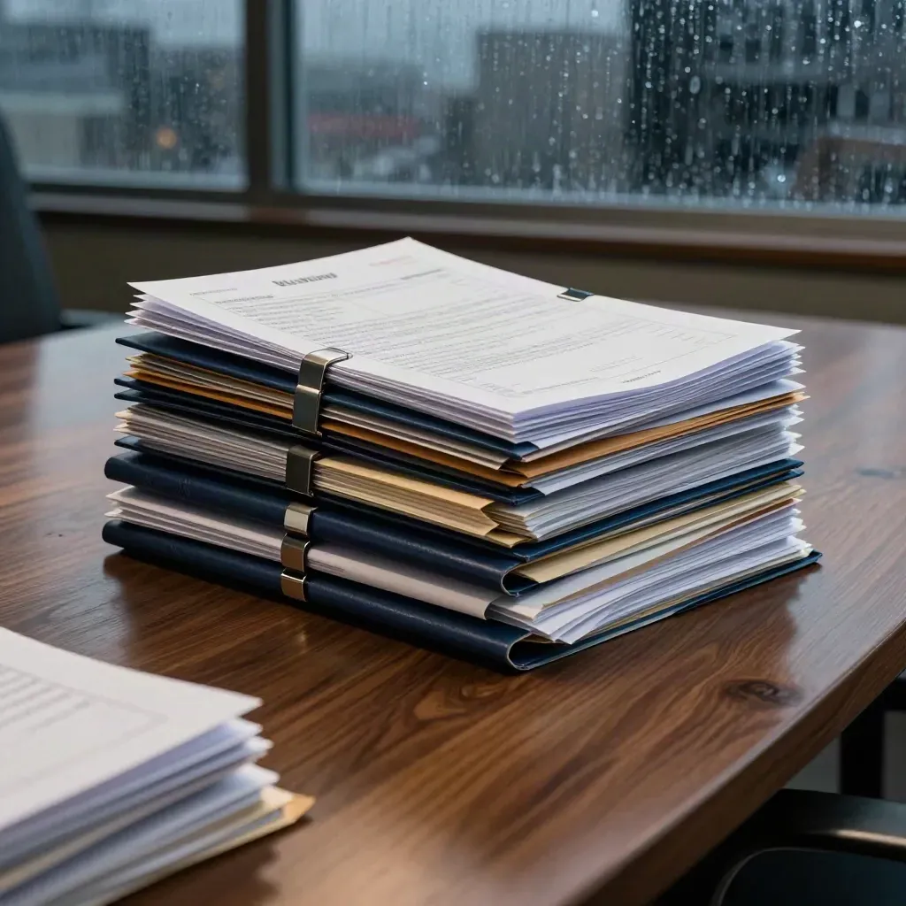Stacked dispute files by a rain-streaked boardroom window at dusk.