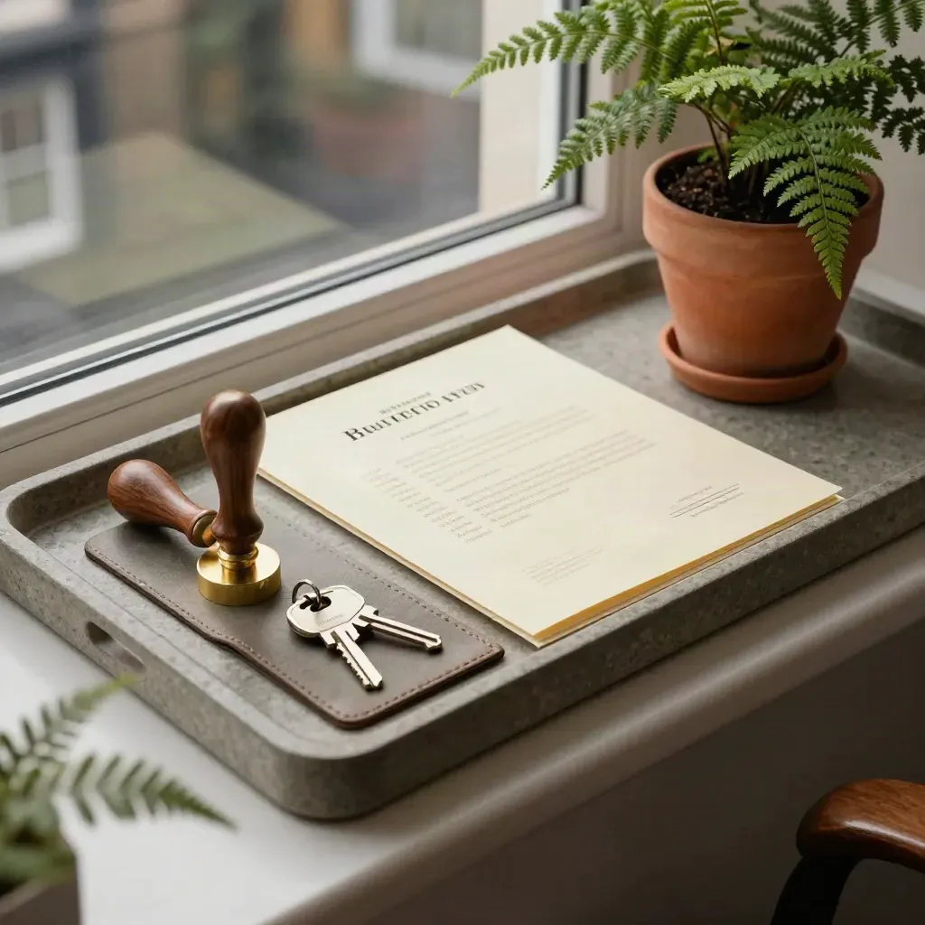 Startup filing kit with brass stamp, keys, folder and fern on a stone ledge.