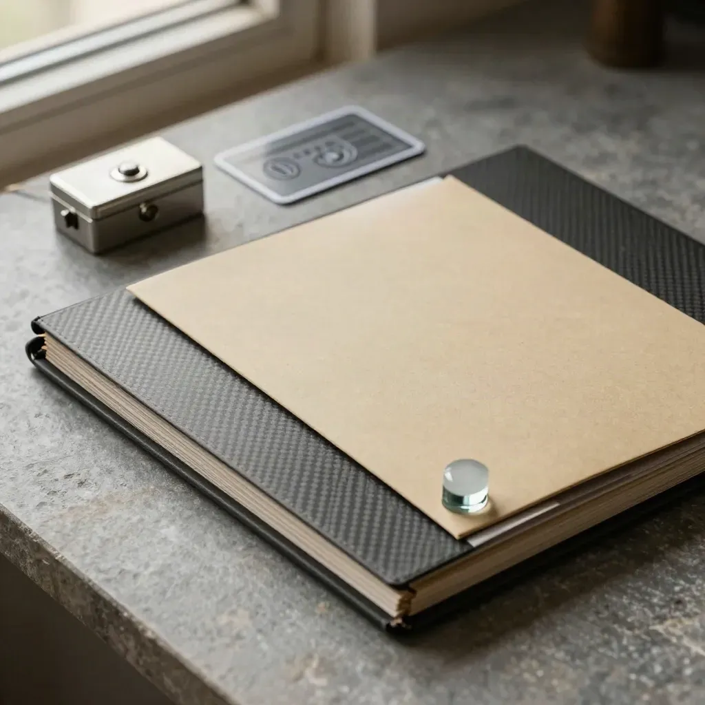 Compliance review folder, access card, lockbox and glass paperweight on stone.