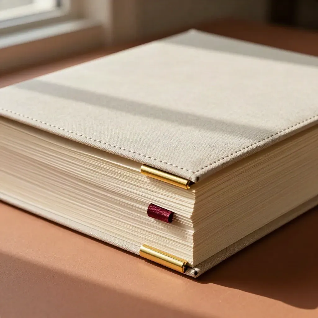 Cream legal folio with brass bar and burgundy ribbon on terracotta plaster.