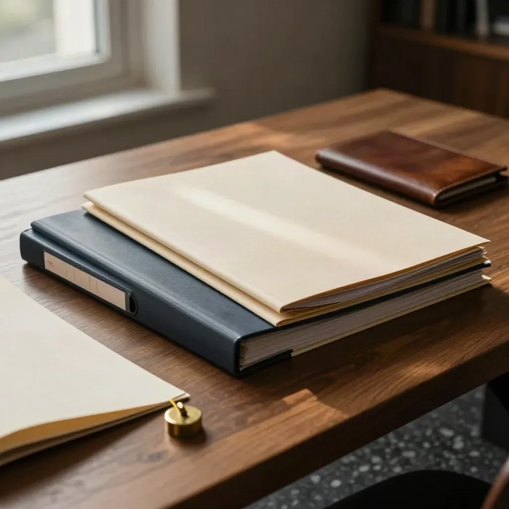 Legal folders and a brass paperweight on an oak table in moody window light.