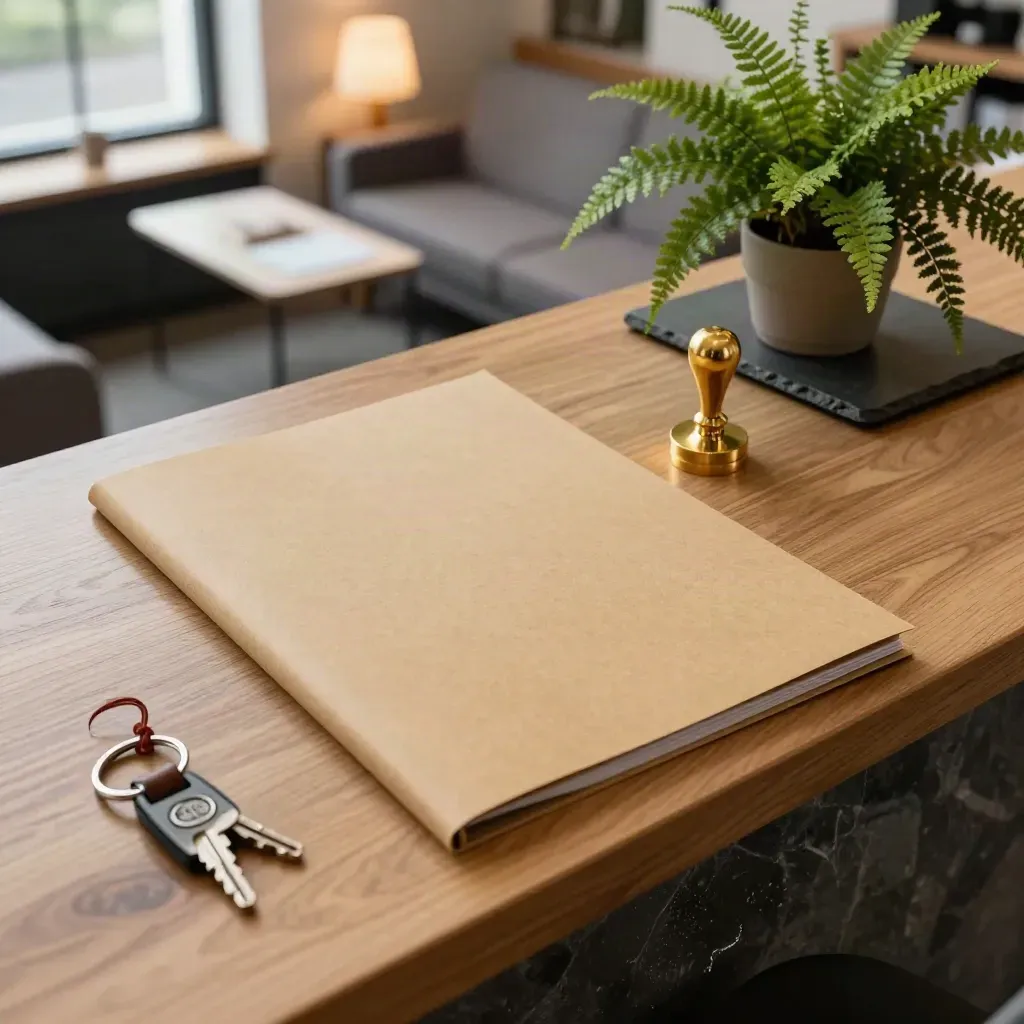 Brass company seal and formation folder on a co-working reception counter with a fern