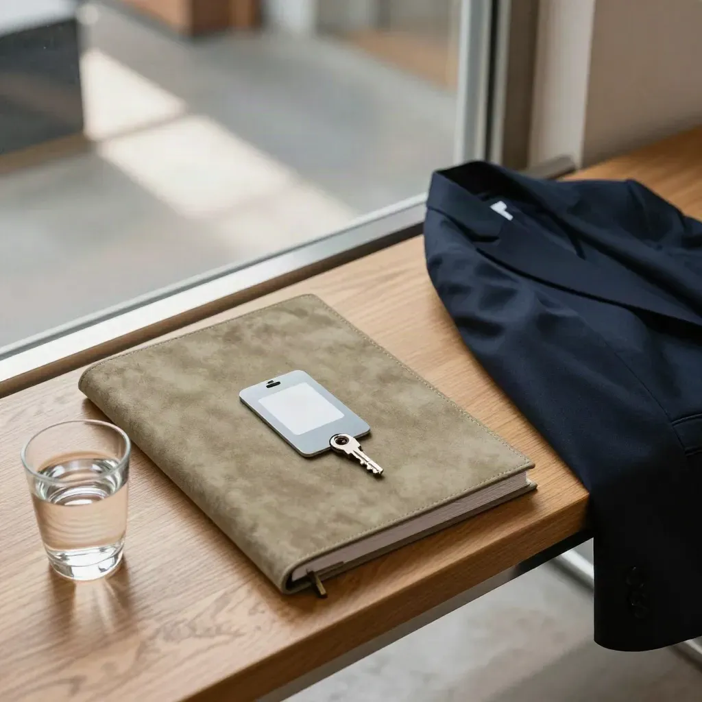 Binder, keycard, blazer and water glass on a bench by frosted glass.