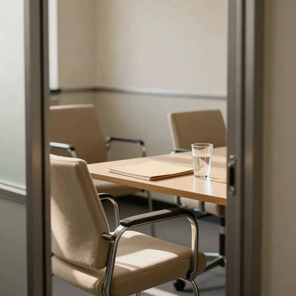 Empty employment interview room with two chairs, a notes folder, and a water glass by frosted glass
