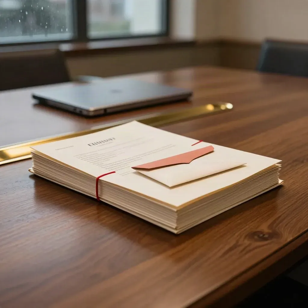 Dispute file bundle, closed laptop and courier envelope on a rain-lit boardroom table.