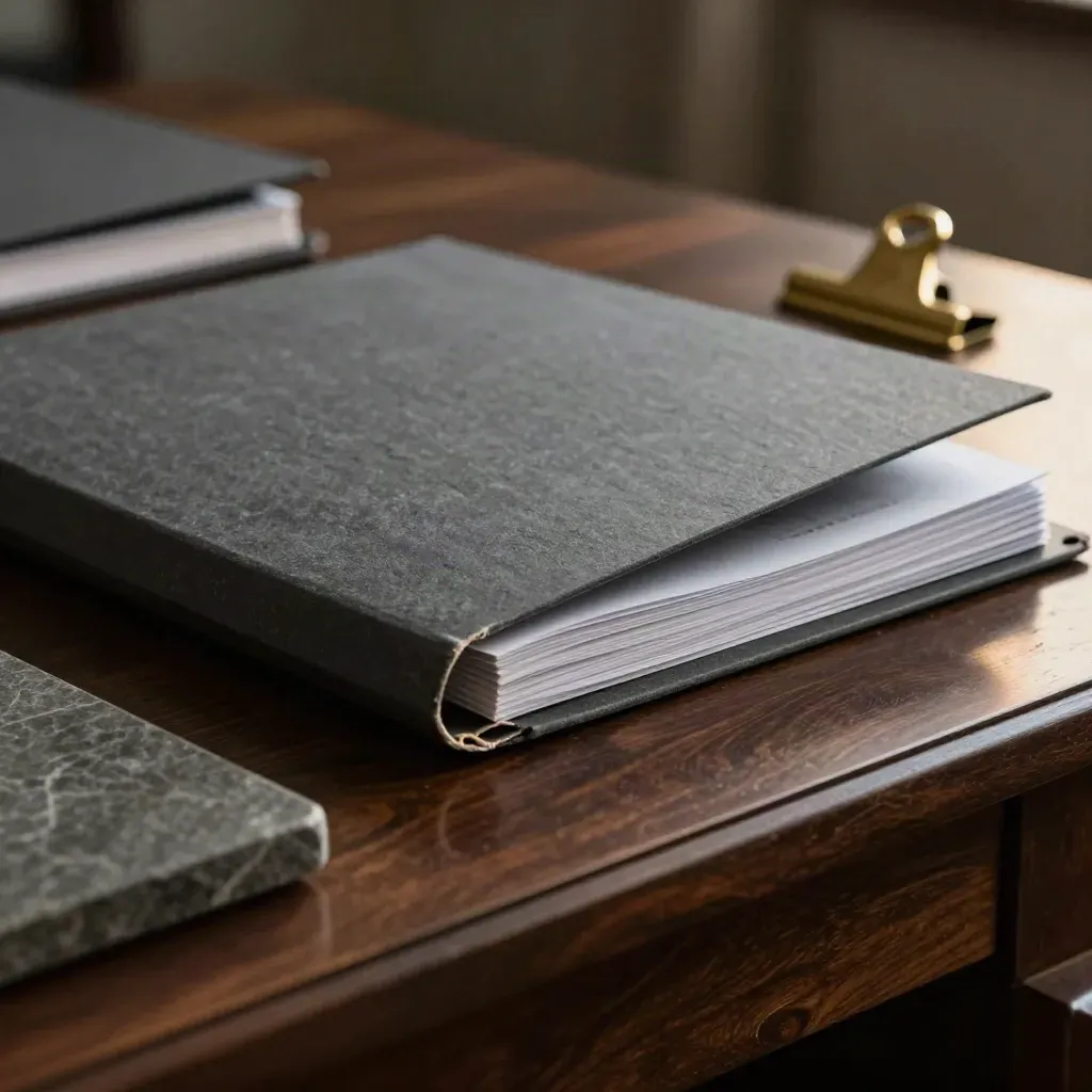 Low macro of legal file folders on a dark desk with a torn corner, stone tray and brass clip