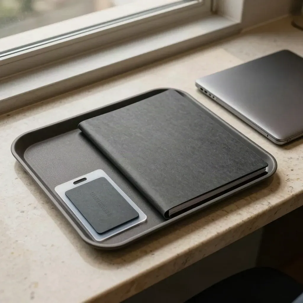 Compliance review tray with folder, access card and closed laptop on a limestone counter.