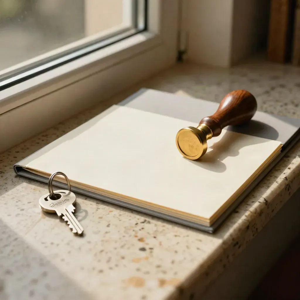 Brass stamp, pale folder, keys and blank certificate sleeve on a sunlit travertine windowsill.