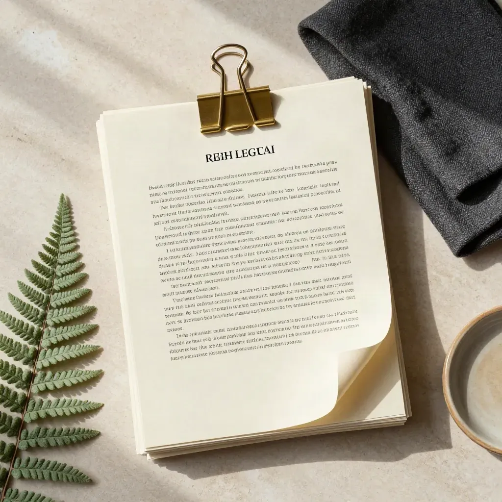 Overhead legal contract pages pinned with brass, fern, cloth and ceramic dish on pale stone.