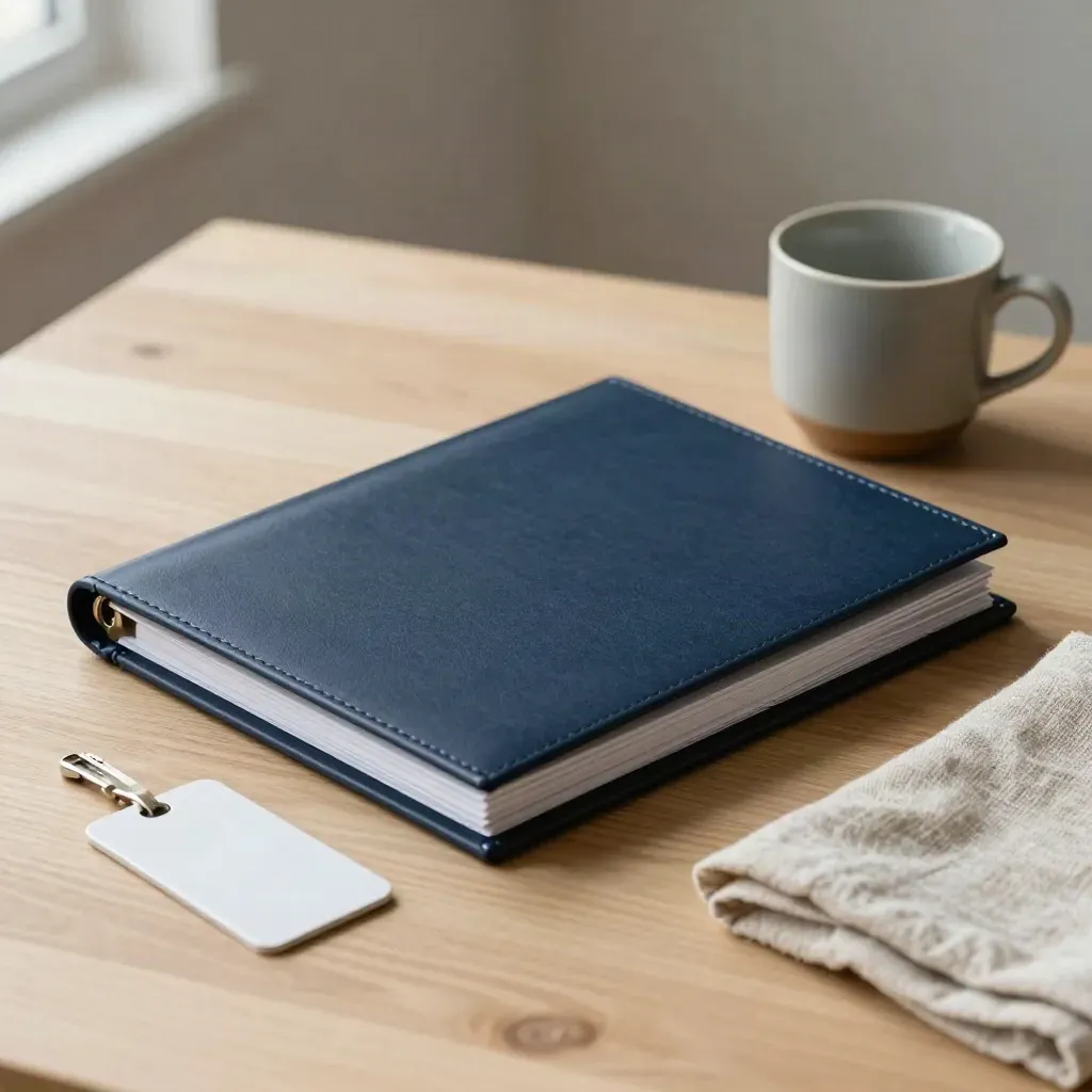 Navy legal folder, keycard, linen and cup on pale oak in soft daylight