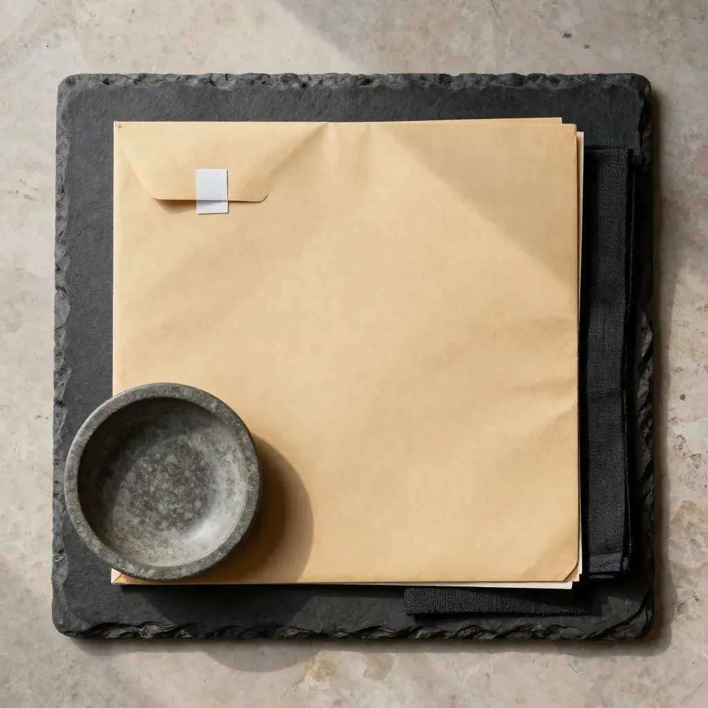 Top-down legal dispute file, evidence envelope, stone dish and cloth on a slate tray.