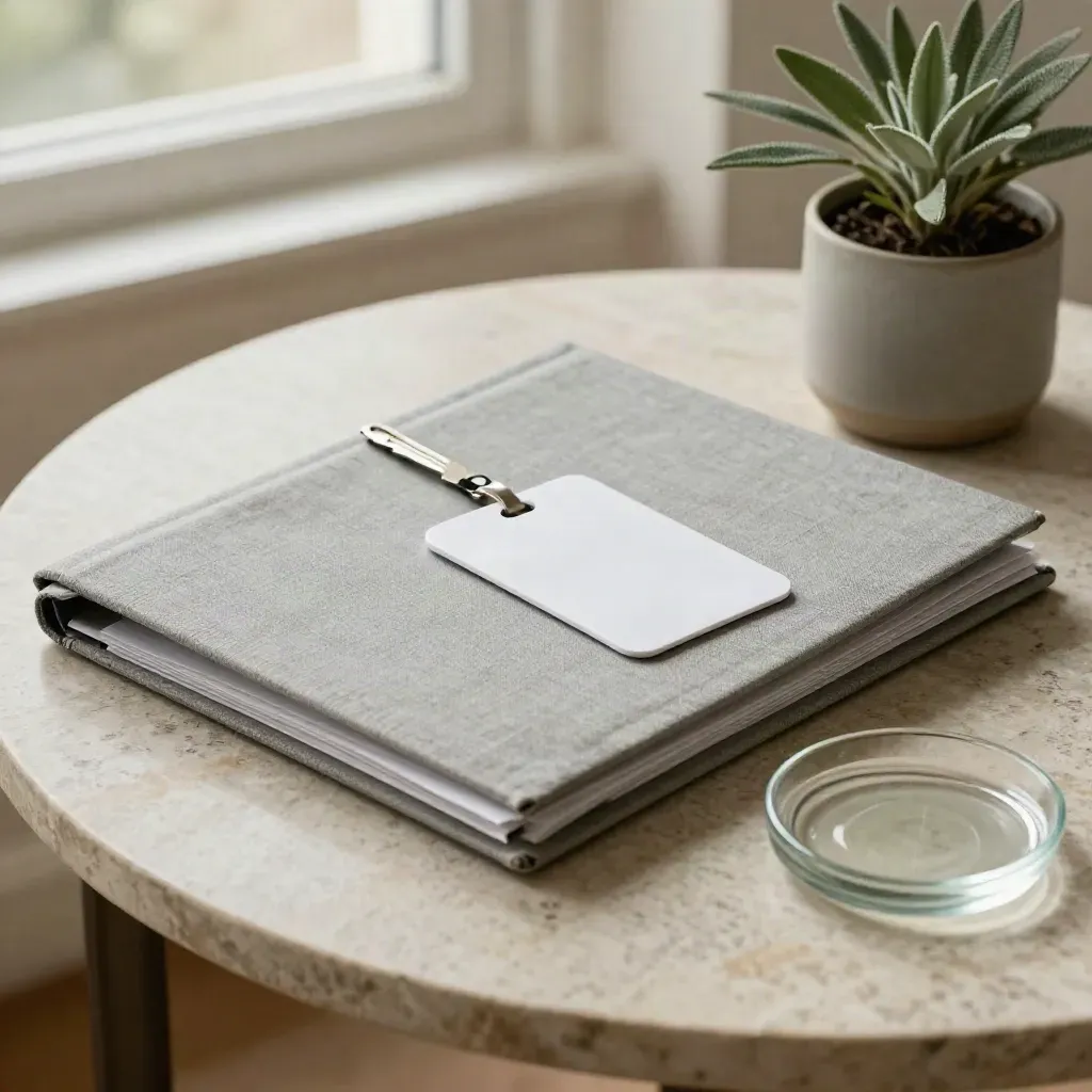 Compliance folder, white keycard, glass dish and small plant on a stone side table